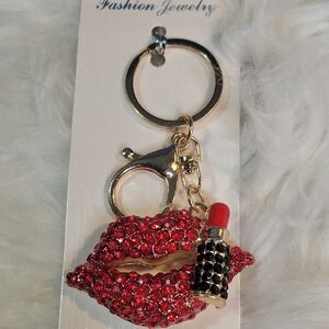 Red Rhinestone Lip Purse Charm Keychain with Lipstick/Glam Gold Tone